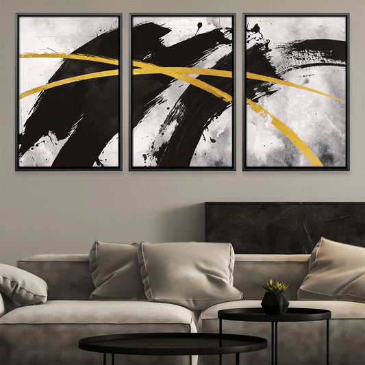 Abstract Black and Gold Triptych Oil Painting for Modern Home Decor