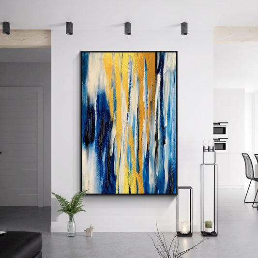 Abstract Blue and Gold Oil Painting for Modern Home Decor