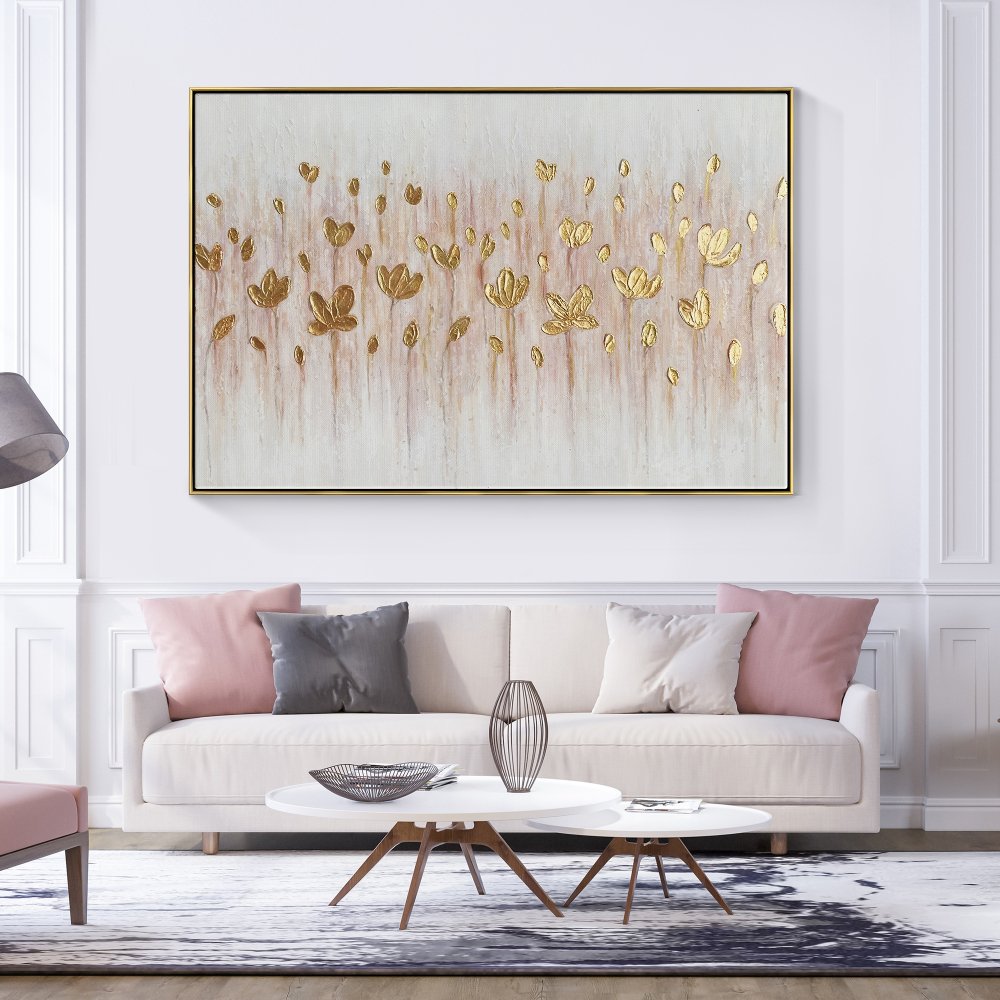 Glistening Golden Lotus Flowers Oil Painting for Elegant Home Decor