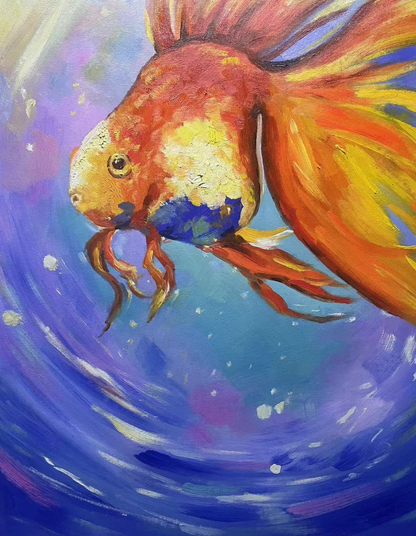 Vibrant Goldfish Oil Painting with Colorful Abstract Waves for Home Decor