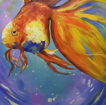 Vibrant Goldfish Oil Painting with Colorful Abstract Waves for Home Decor