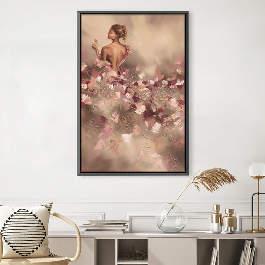 Elegant Woman with Flowers in Soft Pink Abstract Oil Painting