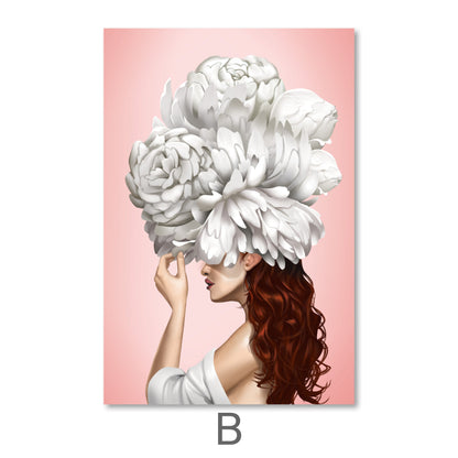Elegant Floral Portrait of Women in Blooming White Peonies Canvas Art