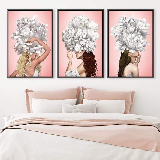 Elegant Floral Portrait of Women in Blooming White Peonies Canvas Art