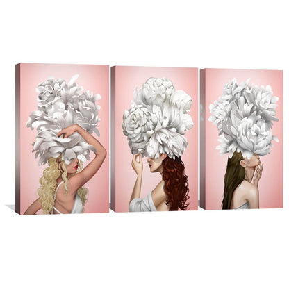Elegant Floral Portrait of Women in Blooming White Peonies Canvas Art