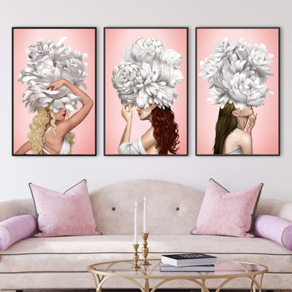 Elegant Floral Portrait of Women in Blooming White Peonies Canvas Art
