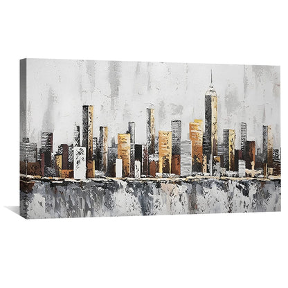 Urban Skyline Oil Painting in Warm Tones – Modern Wall Art for Contemporary Decor