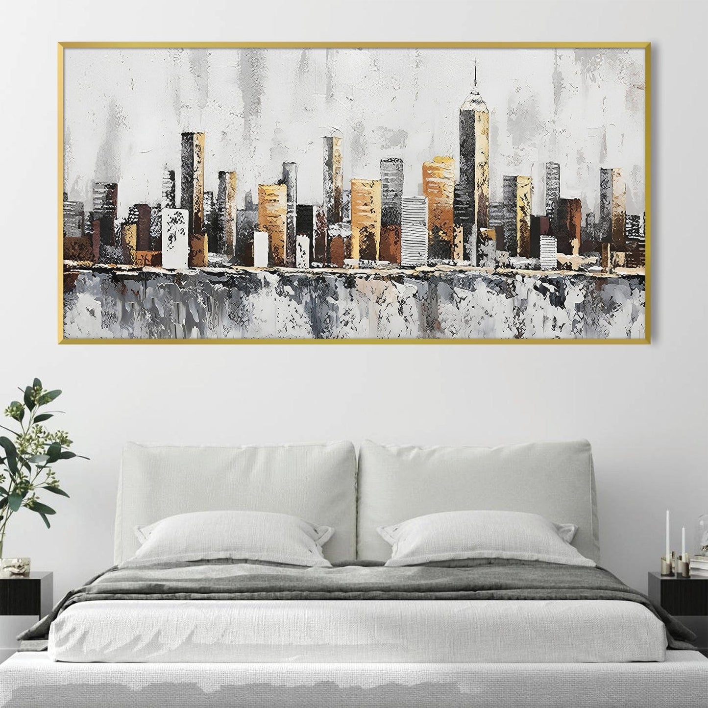 Urban Skyline Oil Painting in Warm Tones – Modern Wall Art for Contemporary Decor