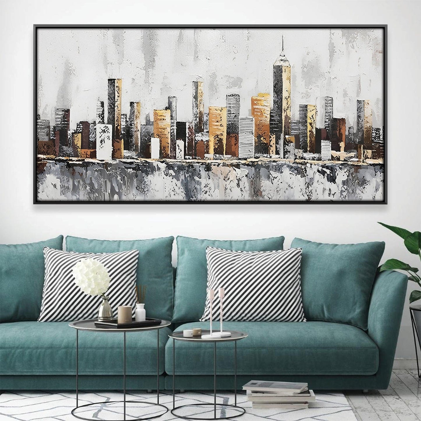 Urban Skyline Oil Painting in Warm Tones – Modern Wall Art for Contemporary Decor