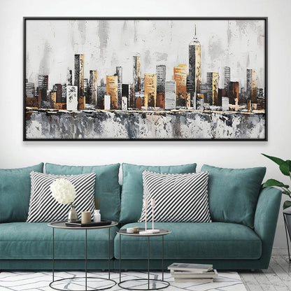 Urban Skyline Oil Painting in Warm Tones – Modern Wall Art for Contemporary Decor