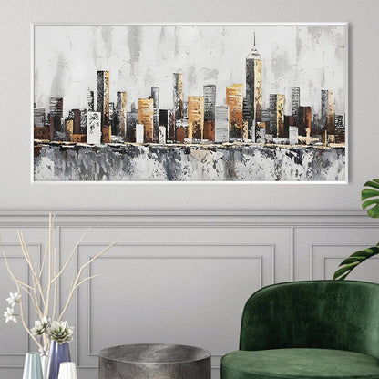 Urban Skyline Oil Painting in Warm Tones – Modern Wall Art for Contemporary Decor