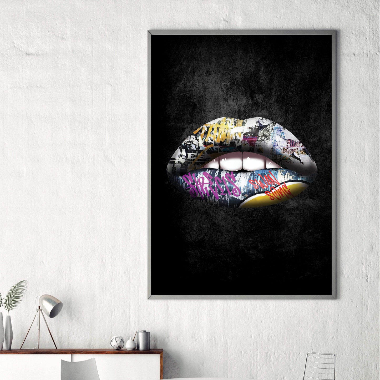 Urban Graffiti Lips Oil Painting for Modern Home Decor