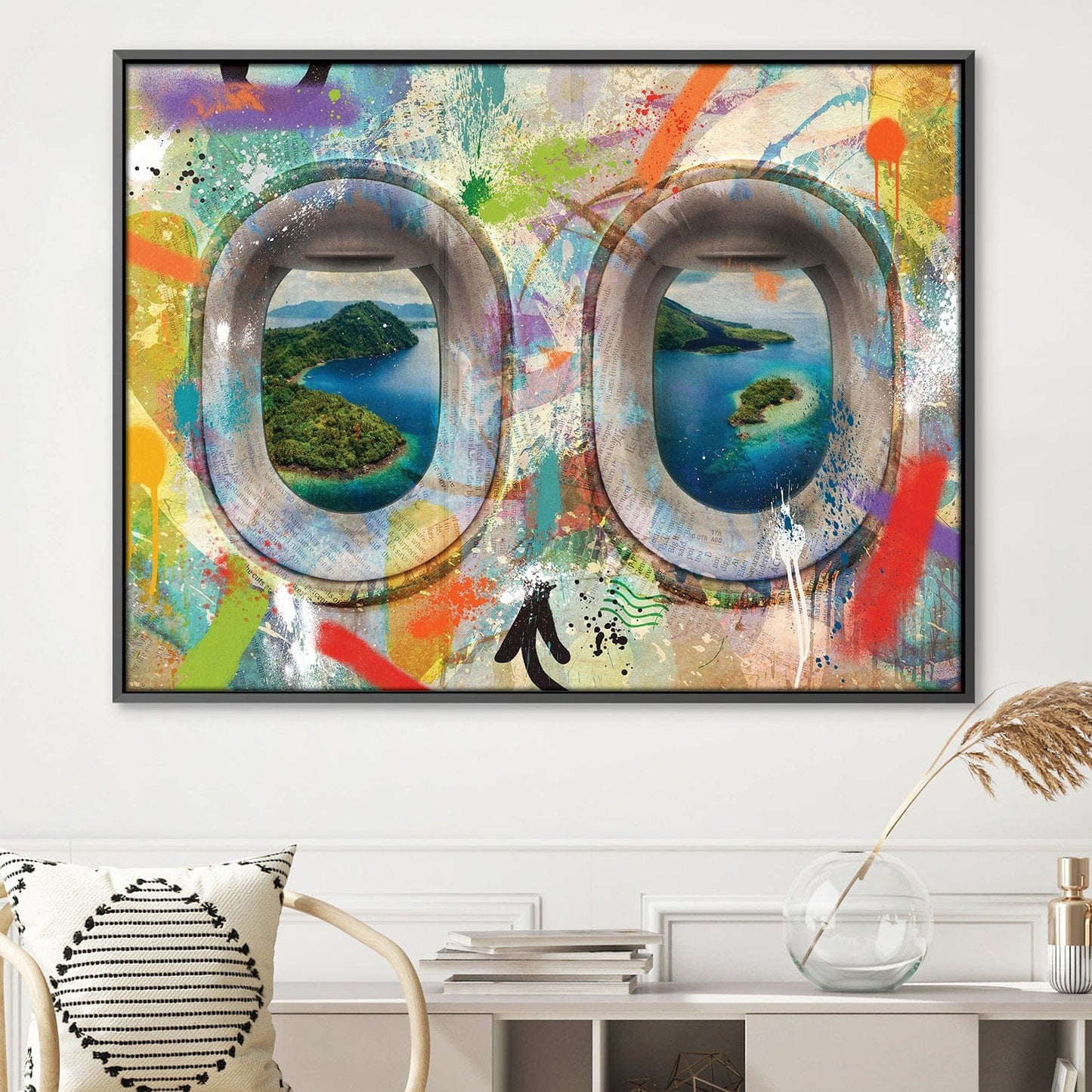 Vibrant Graffiti Airplane Window Canvas Art - Tropical Landscape View