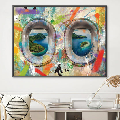 Vibrant Graffiti Airplane Window Canvas Art - Tropical Landscape View