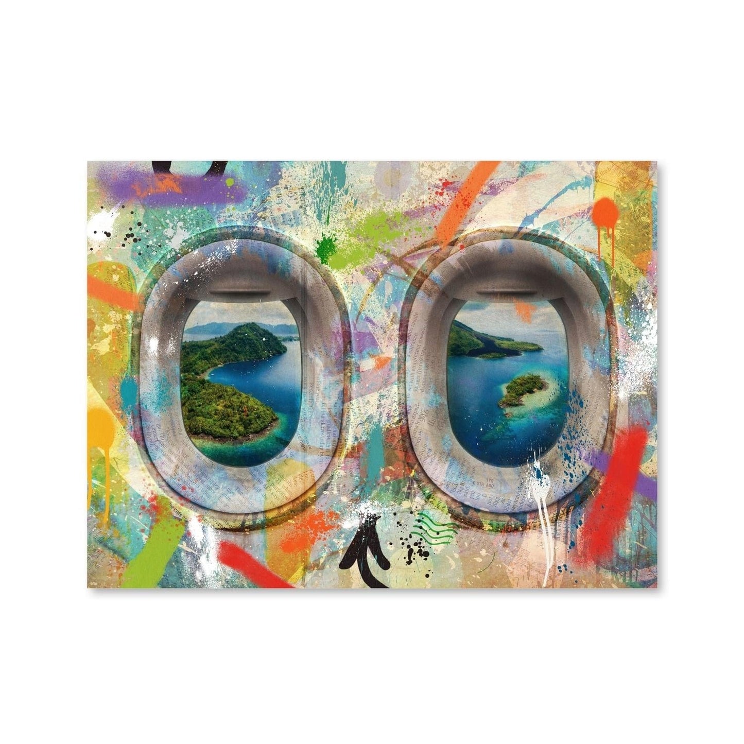 Vibrant Graffiti Airplane Window Canvas Art - Tropical Landscape View
