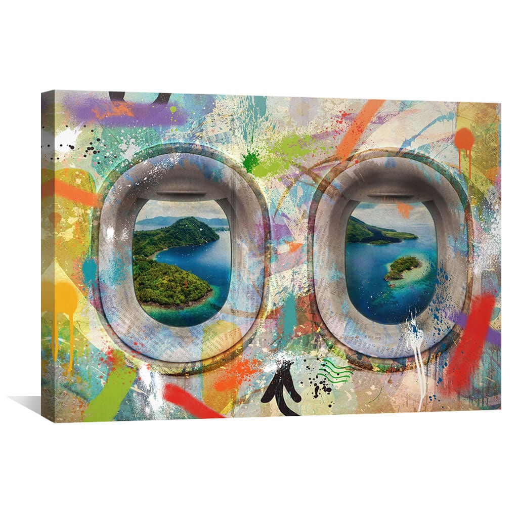 Vibrant Graffiti Airplane Window Canvas Art - Tropical Landscape View