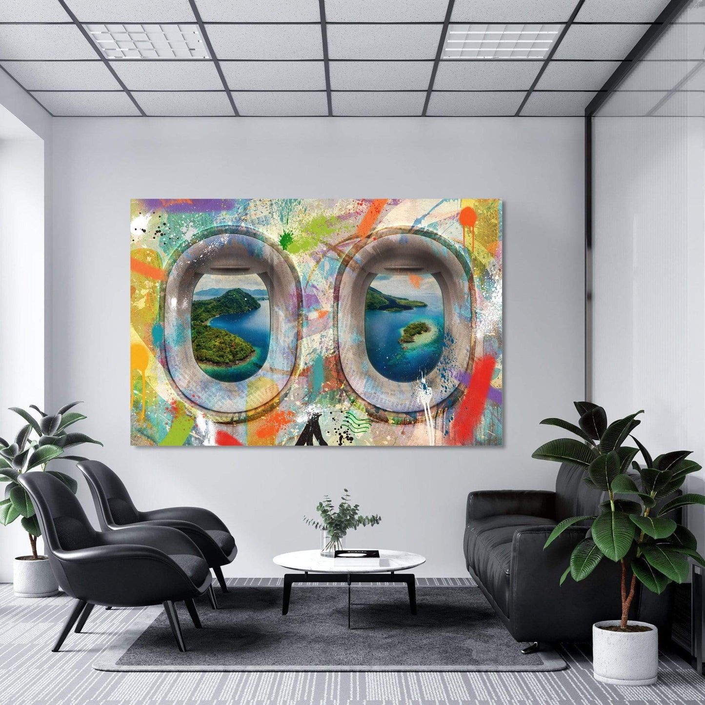 Vibrant Graffiti Airplane Window Canvas Art - Tropical Landscape View