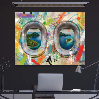 Vibrant Graffiti Airplane Window Canvas Art - Tropical Landscape View