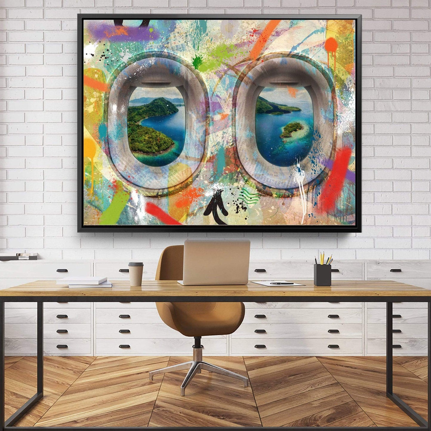 Vibrant Graffiti Airplane Window Canvas Art - Tropical Landscape View