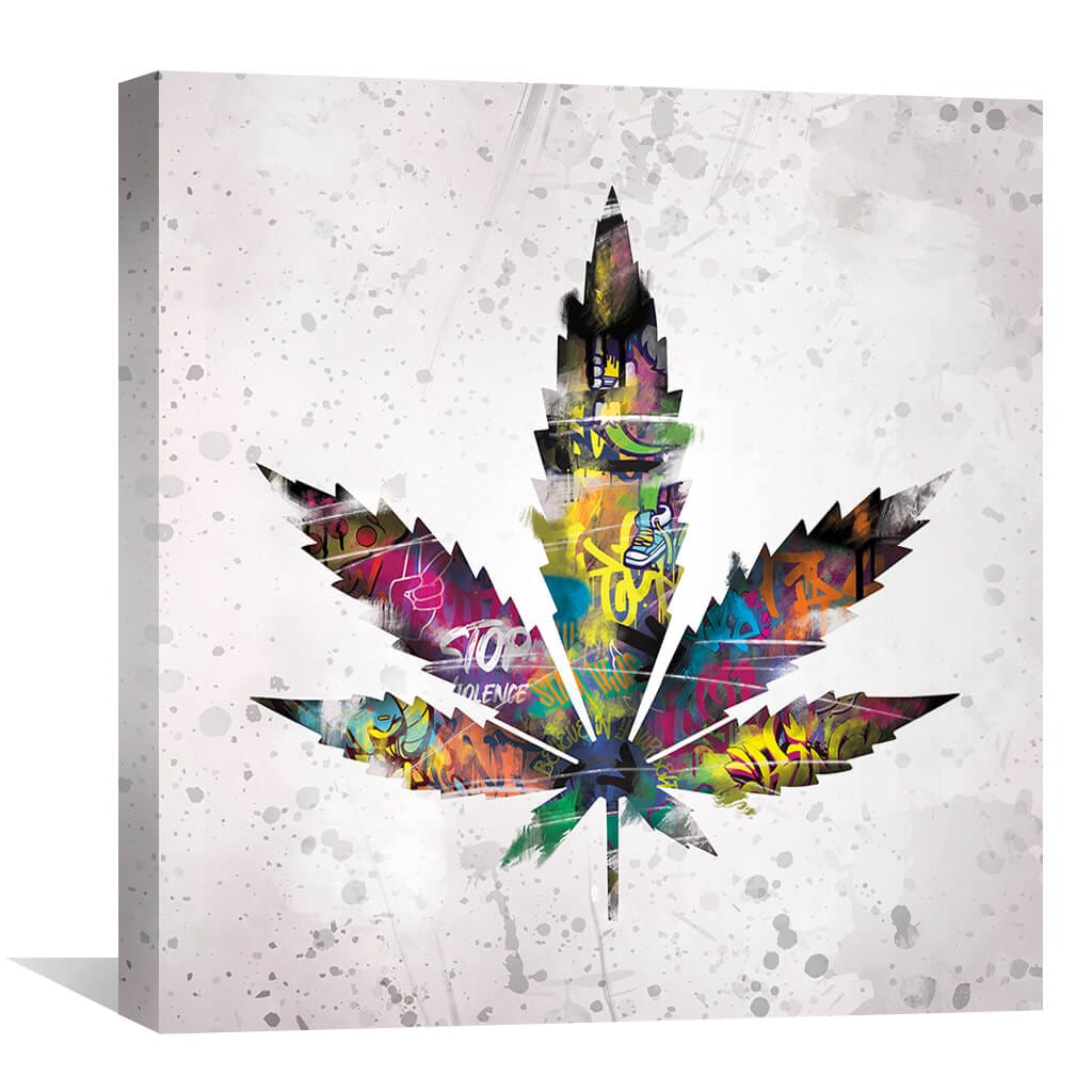 Vibrant Graffiti Leaf Oil Painting - Abstract Cannabis Art for Modern Decor