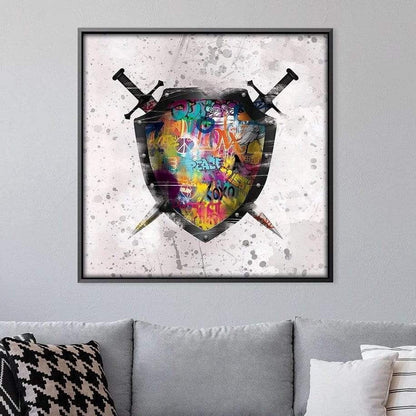 Vibrant Graffiti Shield Oil Painting with Swords - Urban Artwork for Modern Decor