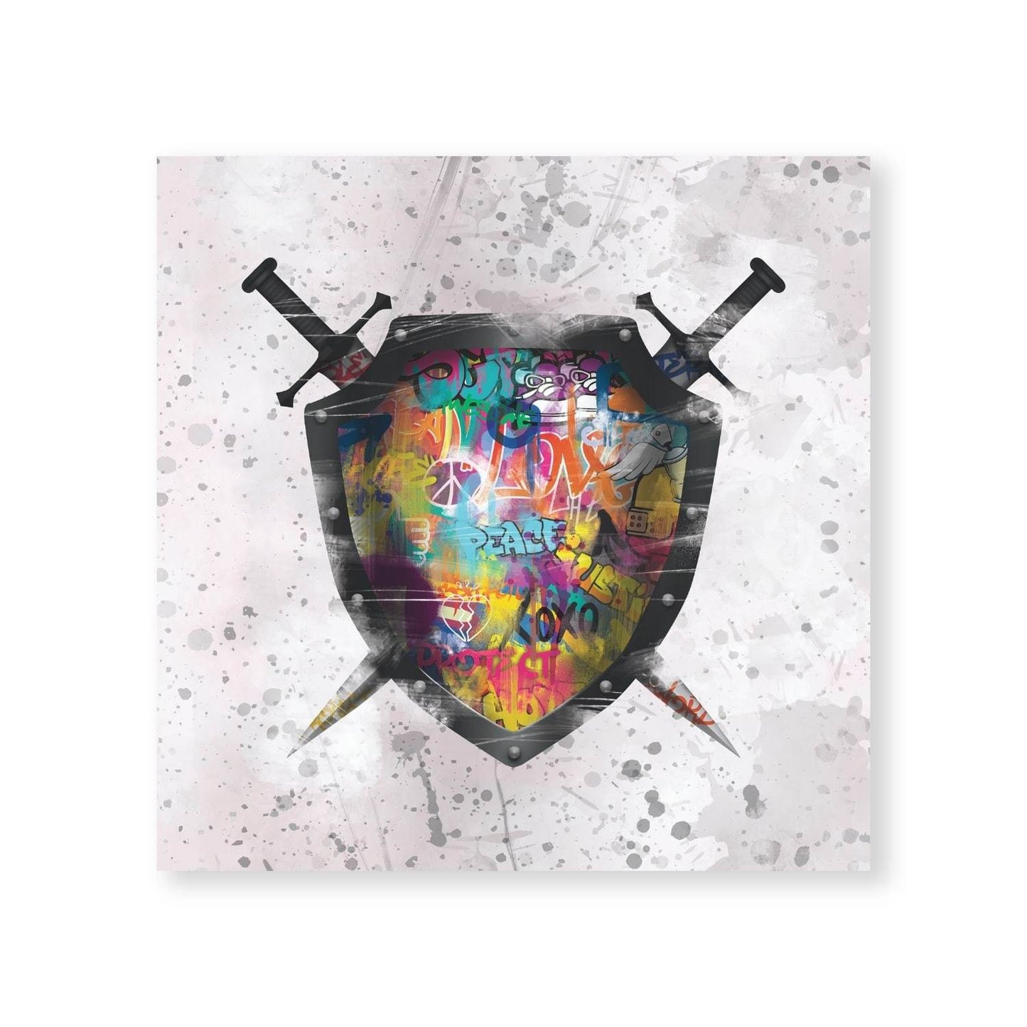 Vibrant Graffiti Shield Oil Painting with Swords - Urban Artwork for Modern Decor