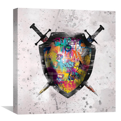 Vibrant Graffiti Shield Oil Painting with Swords - Urban Artwork for Modern Decor