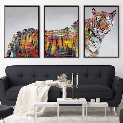 Vibrant Abstract Tiger Art Triptych - Colorful Canvas Wall Decor