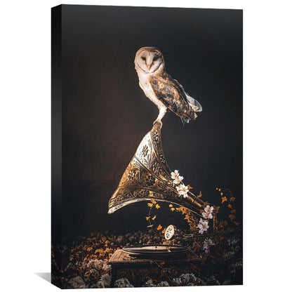 Vintage Gramophone with Owl and Floral Accents - Artistic Oil Painting