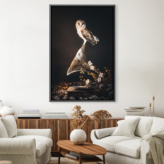 Vintage Gramophone with Owl and Floral Accents - Artistic Oil Painting