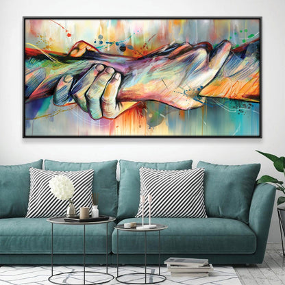 Vibrant Connection: Abstract Oil Painting of Hands in Colorful Embrace