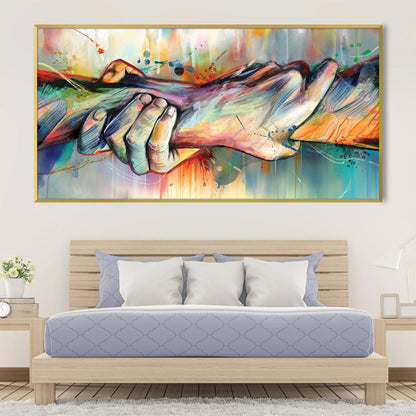 Vibrant Connection: Abstract Oil Painting of Hands in Colorful Embrace