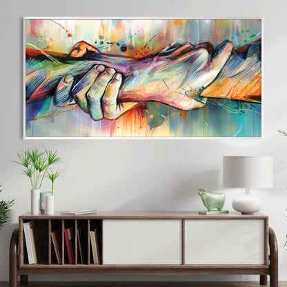 Vibrant Connection: Abstract Oil Painting of Hands in Colorful Embrace