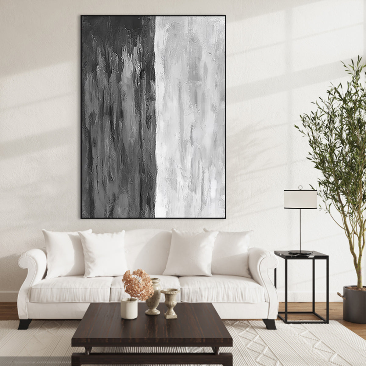 Contemporary Gray and White Abstract Oil Painting for Modern Home Decor