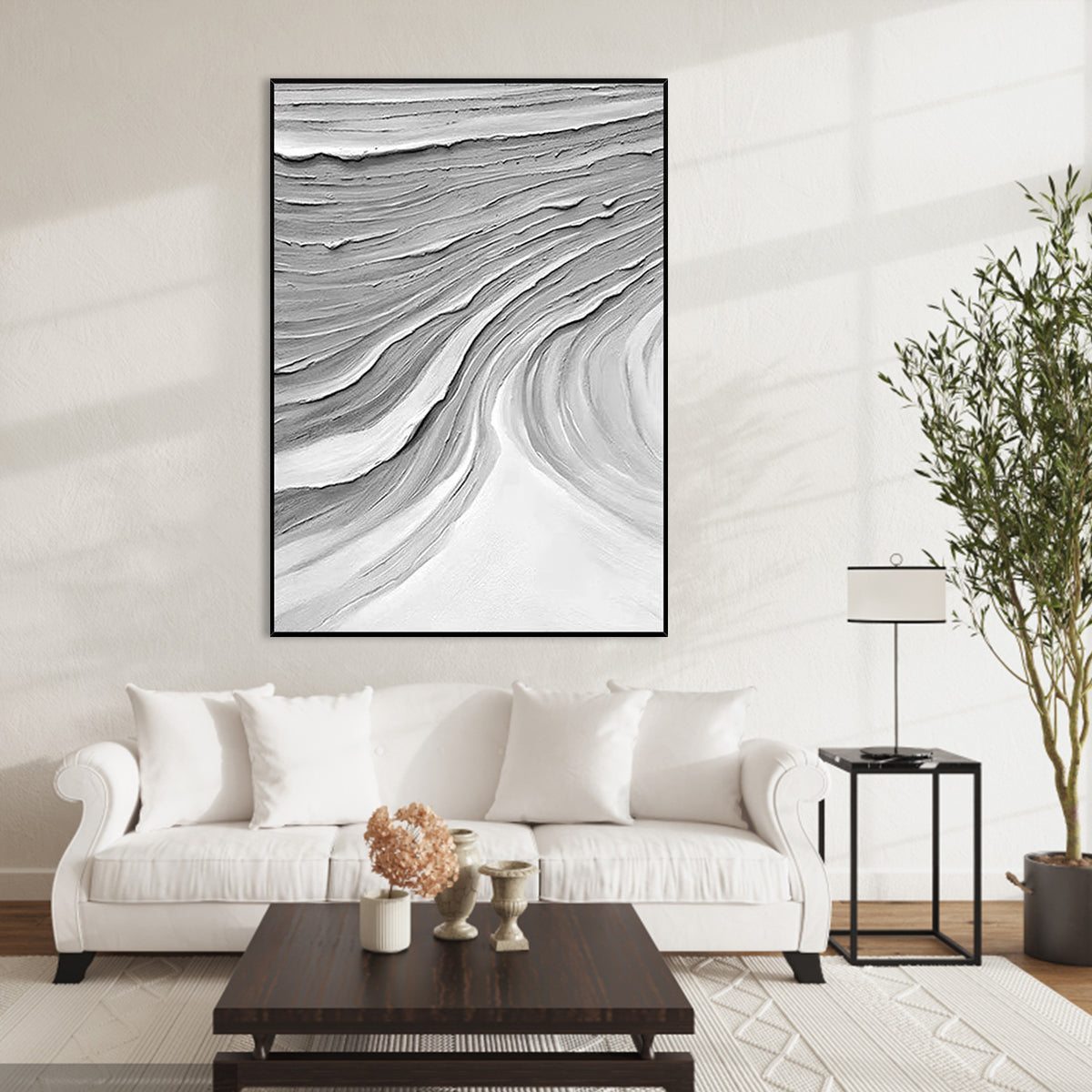 Textured Gray Waves Abstract Oil Painting for Modern Home Decor