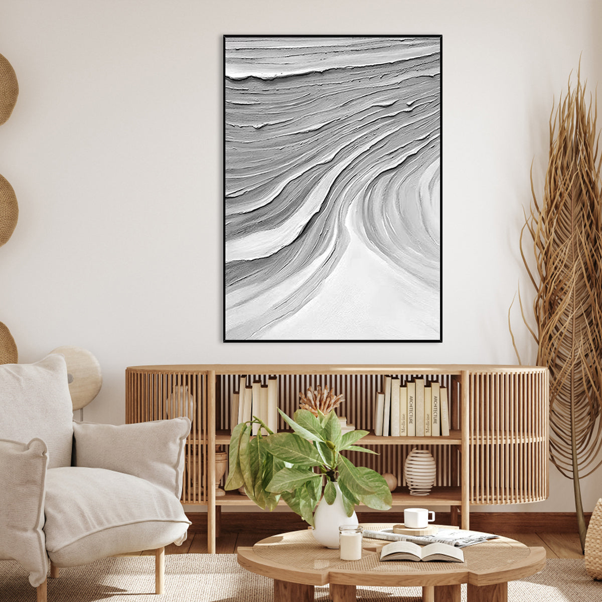 Textured Gray Waves Abstract Oil Painting for Modern Home Decor