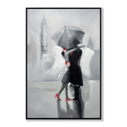 Romantic Gray Umbrella Kiss - Elegant Oil Painting for Modern Decor