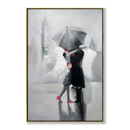 Romantic Gray Umbrella Kiss - Elegant Oil Painting for Modern Decor