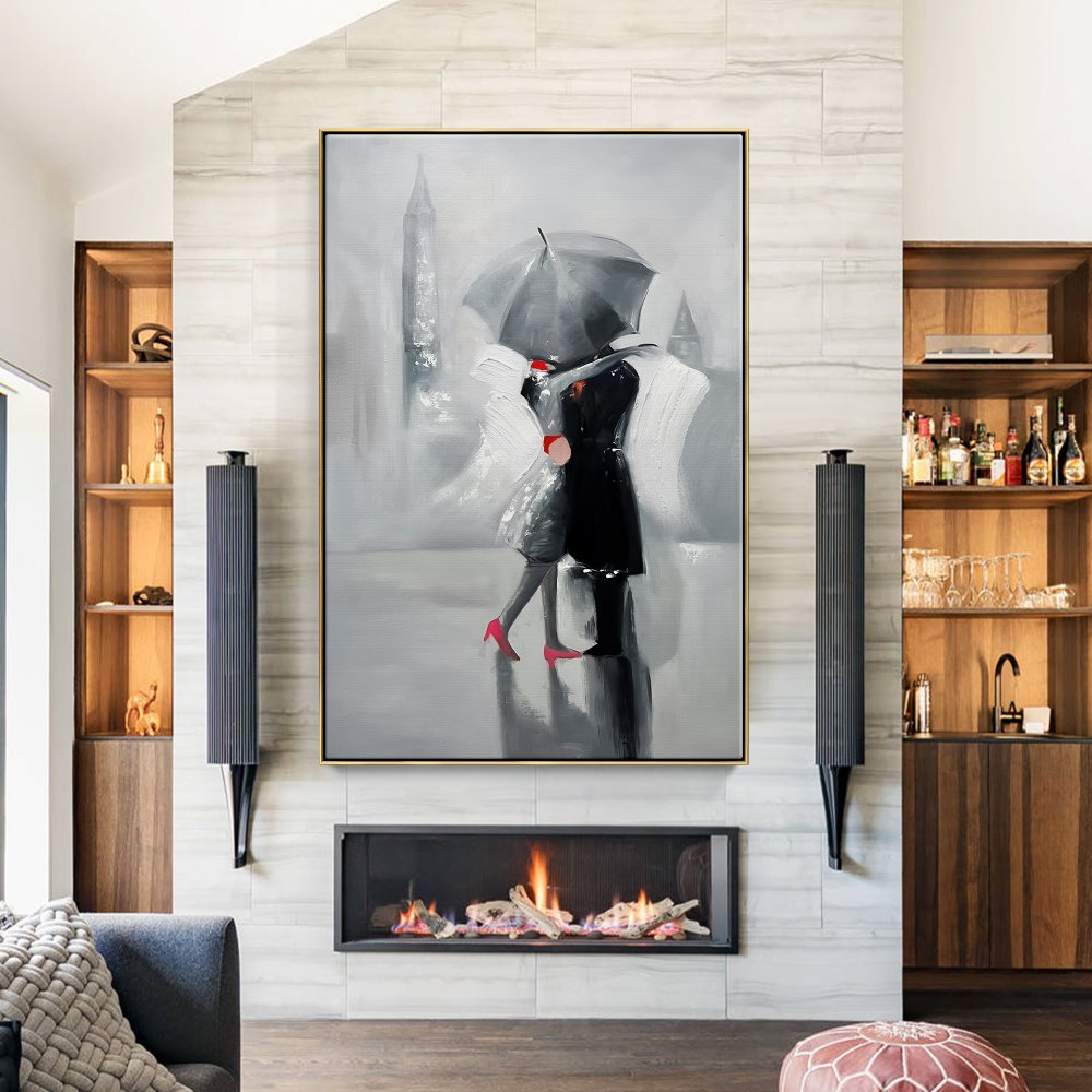 Romantic Gray Umbrella Kiss - Elegant Oil Painting for Modern Decor