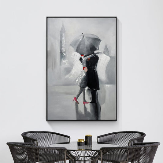 Romantic Gray Umbrella Kiss - Elegant Oil Painting for Modern Decor