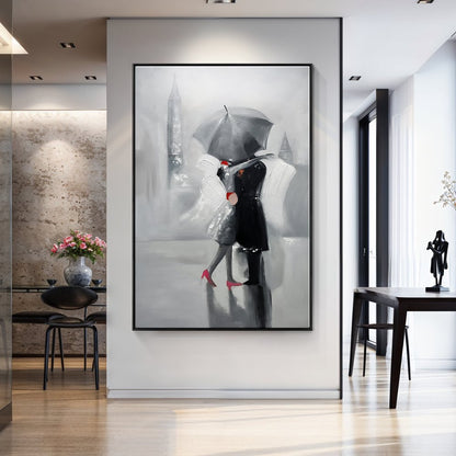 Romantic Gray Umbrella Kiss - Elegant Oil Painting for Modern Decor