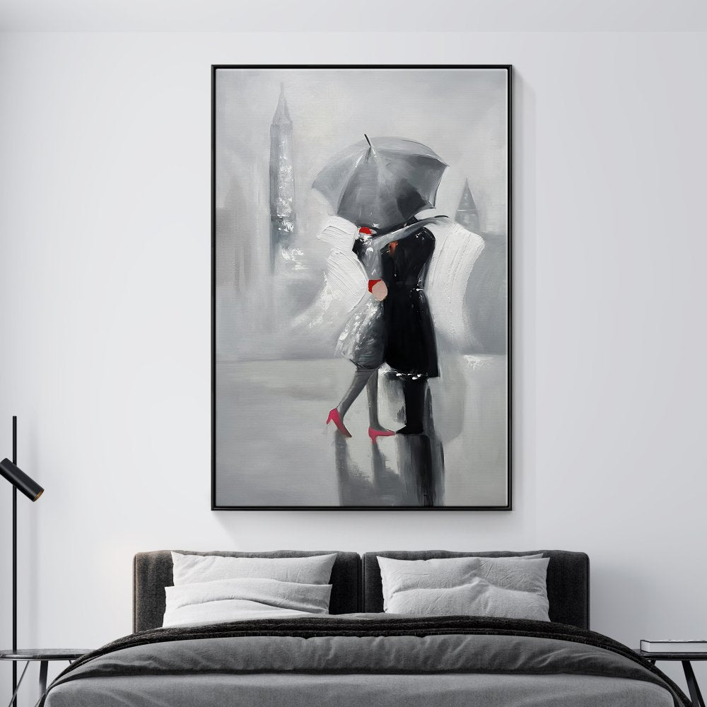 Romantic Gray Umbrella Kiss - Elegant Oil Painting for Modern Decor