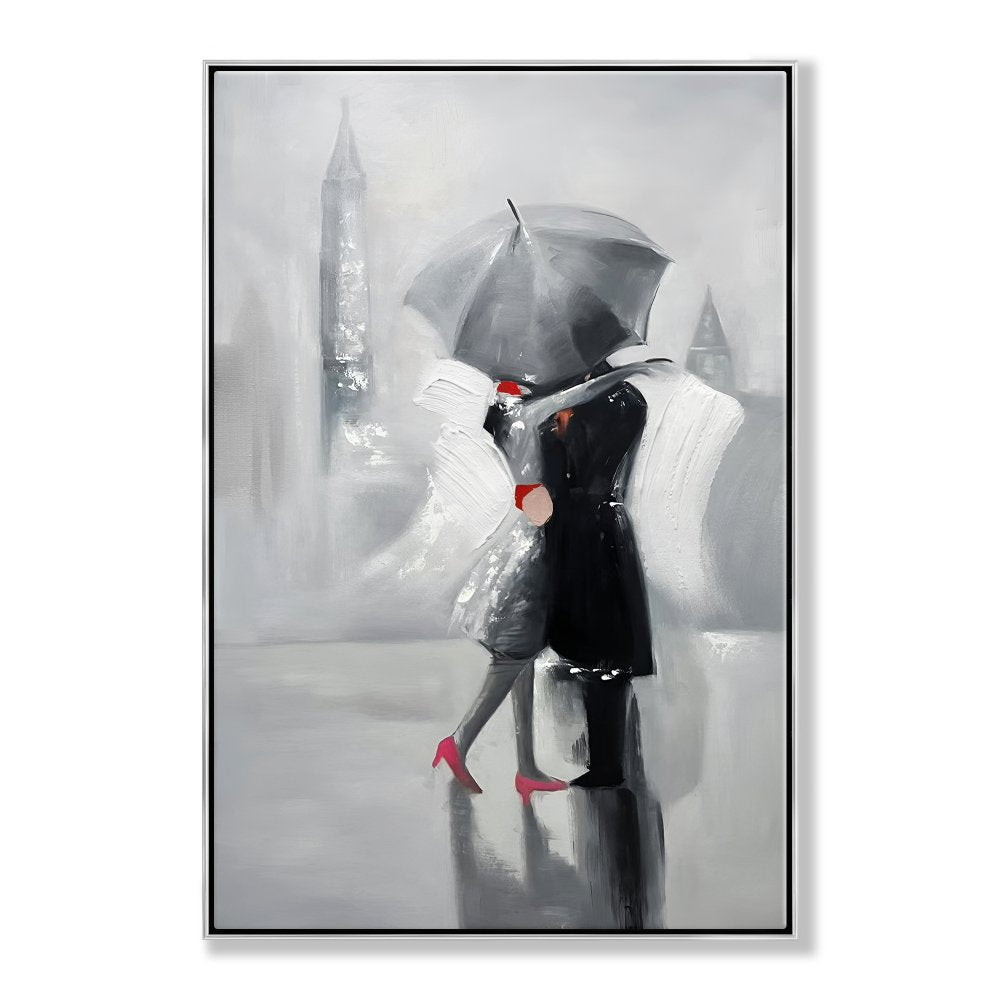 Romantic Gray Umbrella Kiss - Elegant Oil Painting for Modern Decor