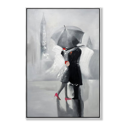 Romantic Gray Umbrella Kiss - Elegant Oil Painting for Modern Decor