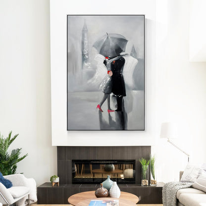 Romantic Gray Umbrella Kiss - Elegant Oil Painting for Modern Decor