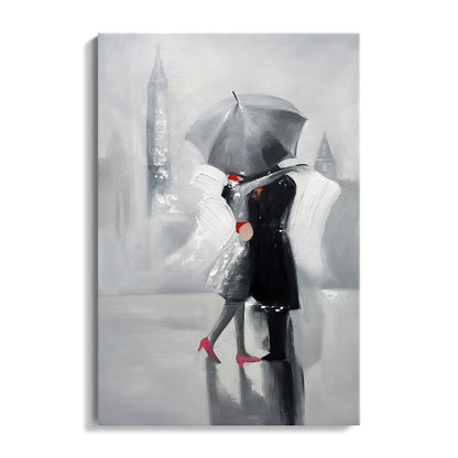 Romantic Gray Umbrella Kiss - Elegant Oil Painting for Modern Decor