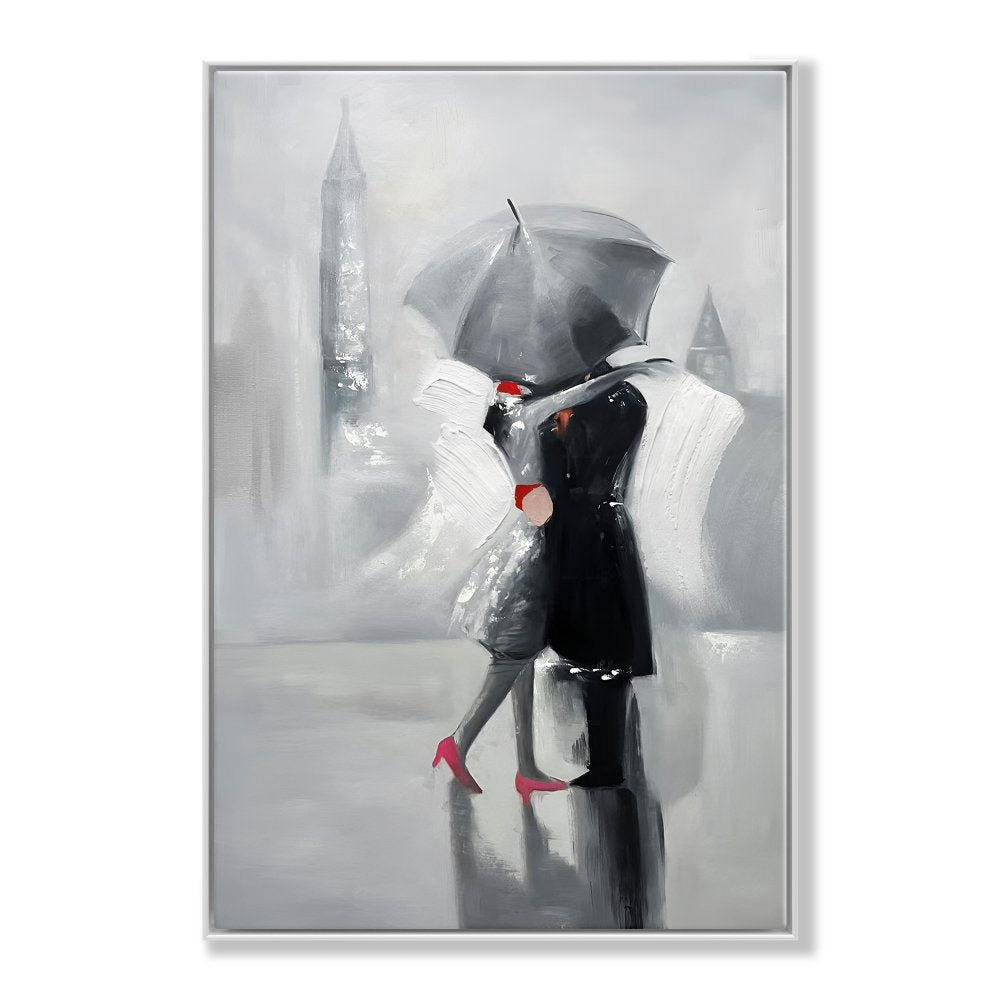 Romantic Gray Umbrella Kiss - Elegant Oil Painting for Modern Decor