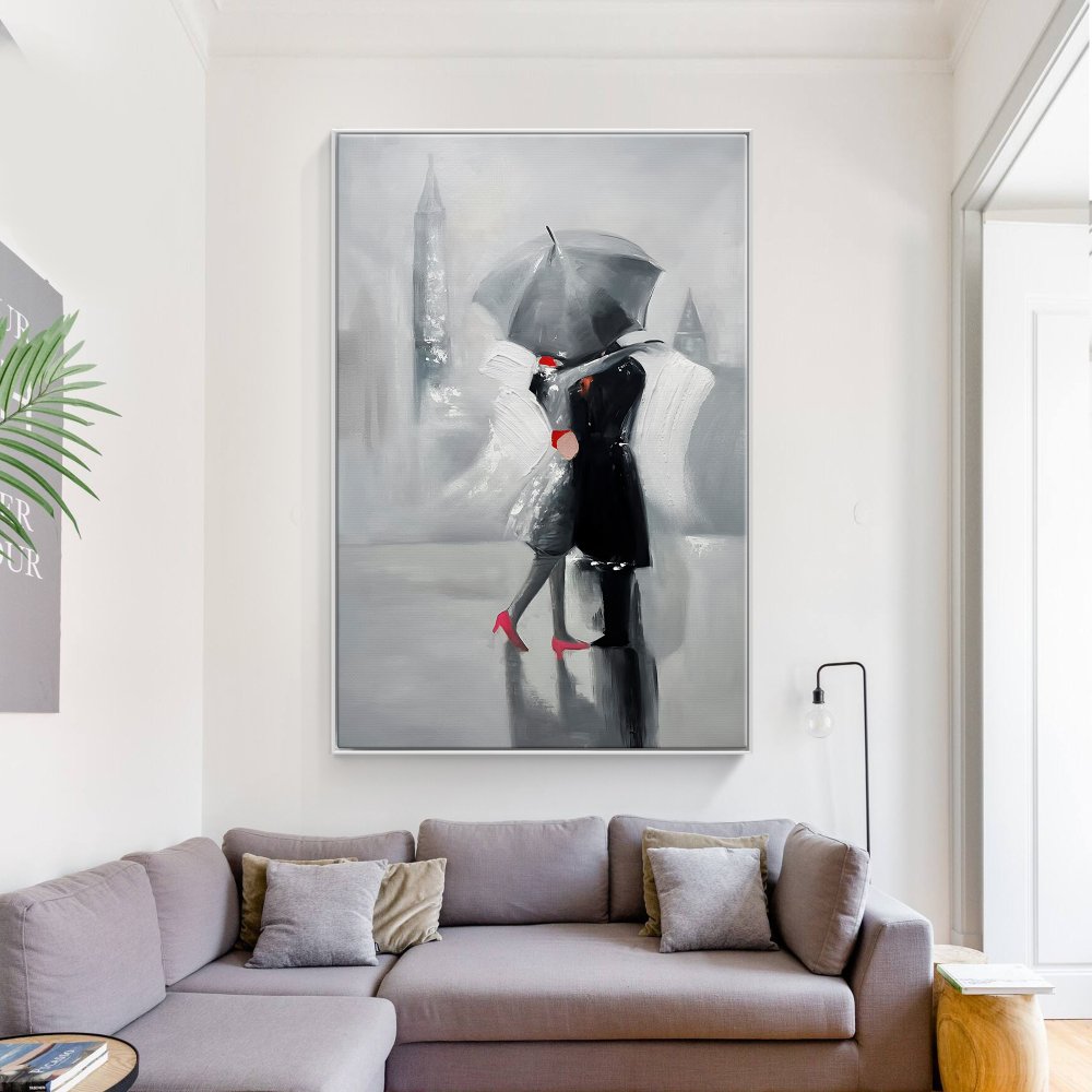 Romantic Gray Umbrella Kiss - Elegant Oil Painting for Modern Decor