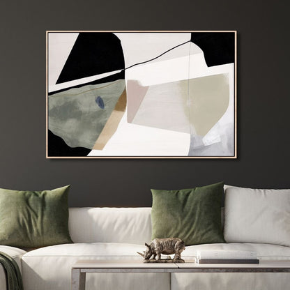 Abstract Oil Painting with Green, Beige, and Black Geometric Brushstrokes