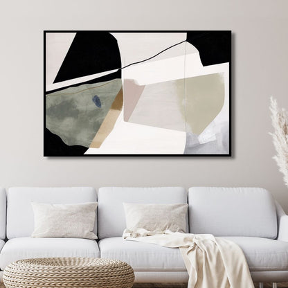 Abstract Oil Painting with Green, Beige, and Black Geometric Brushstrokes